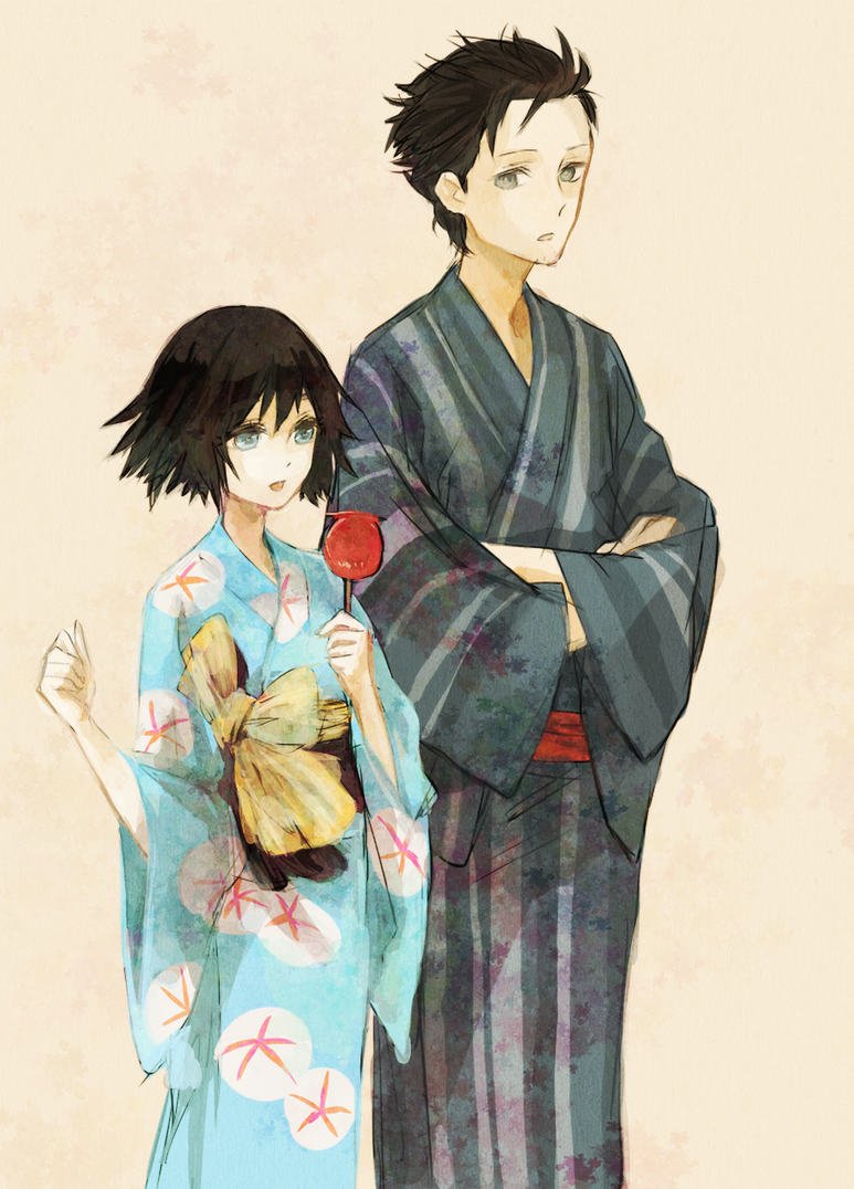 blue_eyes, bow, candy_apple, crossed_arms, grey_eyes, japanese_clothes, kimono, kuromu_(kaeru)
