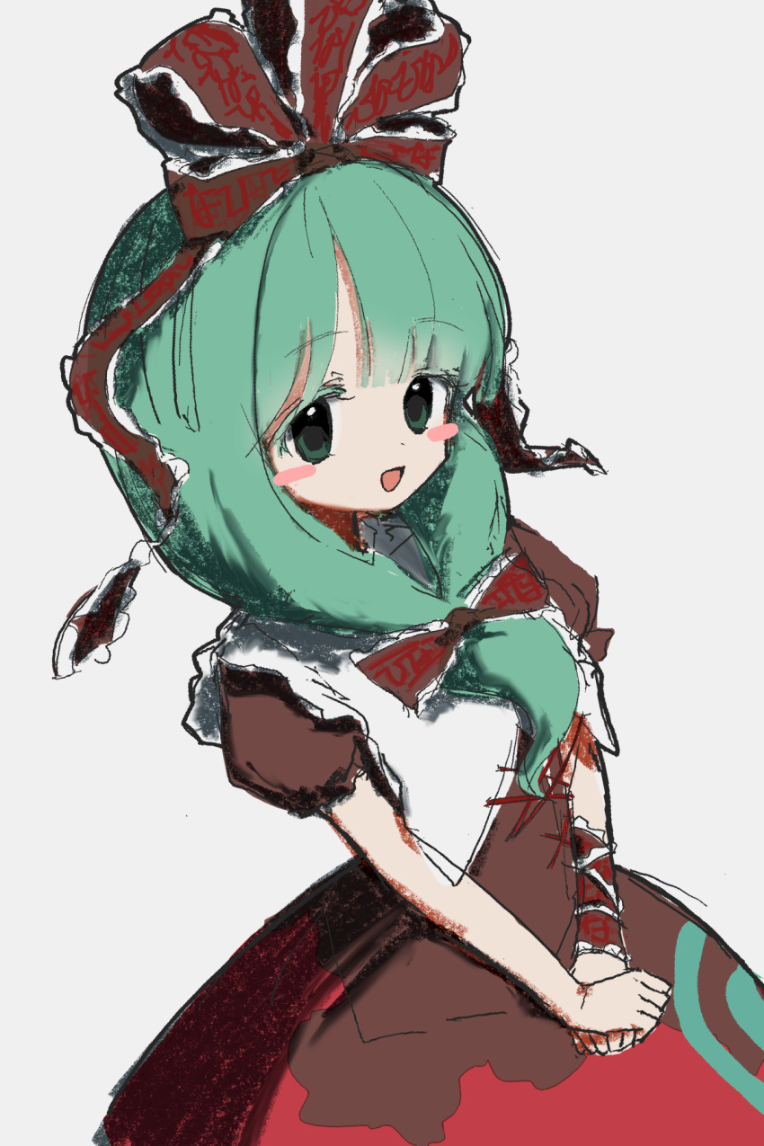 1girl, blunt_bangs, blush, brown_dress, dress, frills, green_eyes, green_hair