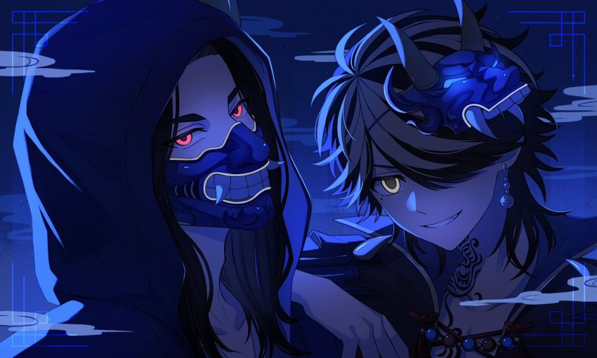 2boys, baji_keisuke, bajitorara, black_hair, blonde_hair, blue_hoodie, blue_mask, earrings, grin, hanemiya_kazutora, highres, hood, hood_up, hoodie, jewelry, long_hair, long_sleeves, male_focus, mask, mask_on_head, mole, mole_under_eye, mouth_mask, multicolored_hair, multiple_boys, neck_tattoo, oni_mask, red_eyes, setsubun, simple_background, single_earring, smile, tattoo, tiger_tattoo, tokyo_revengers, tokyo_revengers_pazuribe!, two-tone_hair, wolf_cut, yellow_eyes