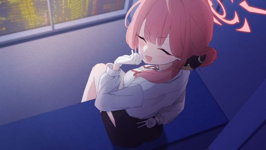 1girl, absurdres, aru_(blue_archive), black_skirt, blue_archive, closed_eyes, commentary_request, demon_girl