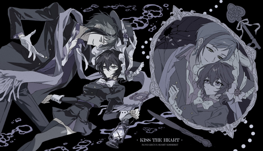 1boy, 1girl, black_background, black_dress, black_hair, black_suit, black_thighhighs, bow