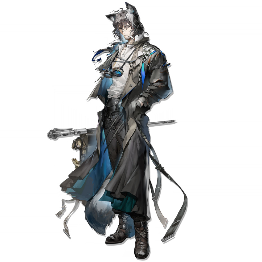 1boy, animal_ears, arknights, banban_(vvvviiiiiia), black_boots, black_coat, black_hair, black_pants