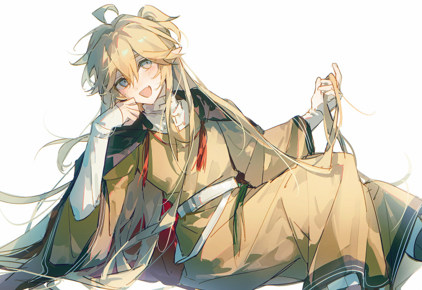 1boy, :d, ahoge, alternate_costume, alternate_hair_length, alternate_hairstyle, androgynous, aotu_world