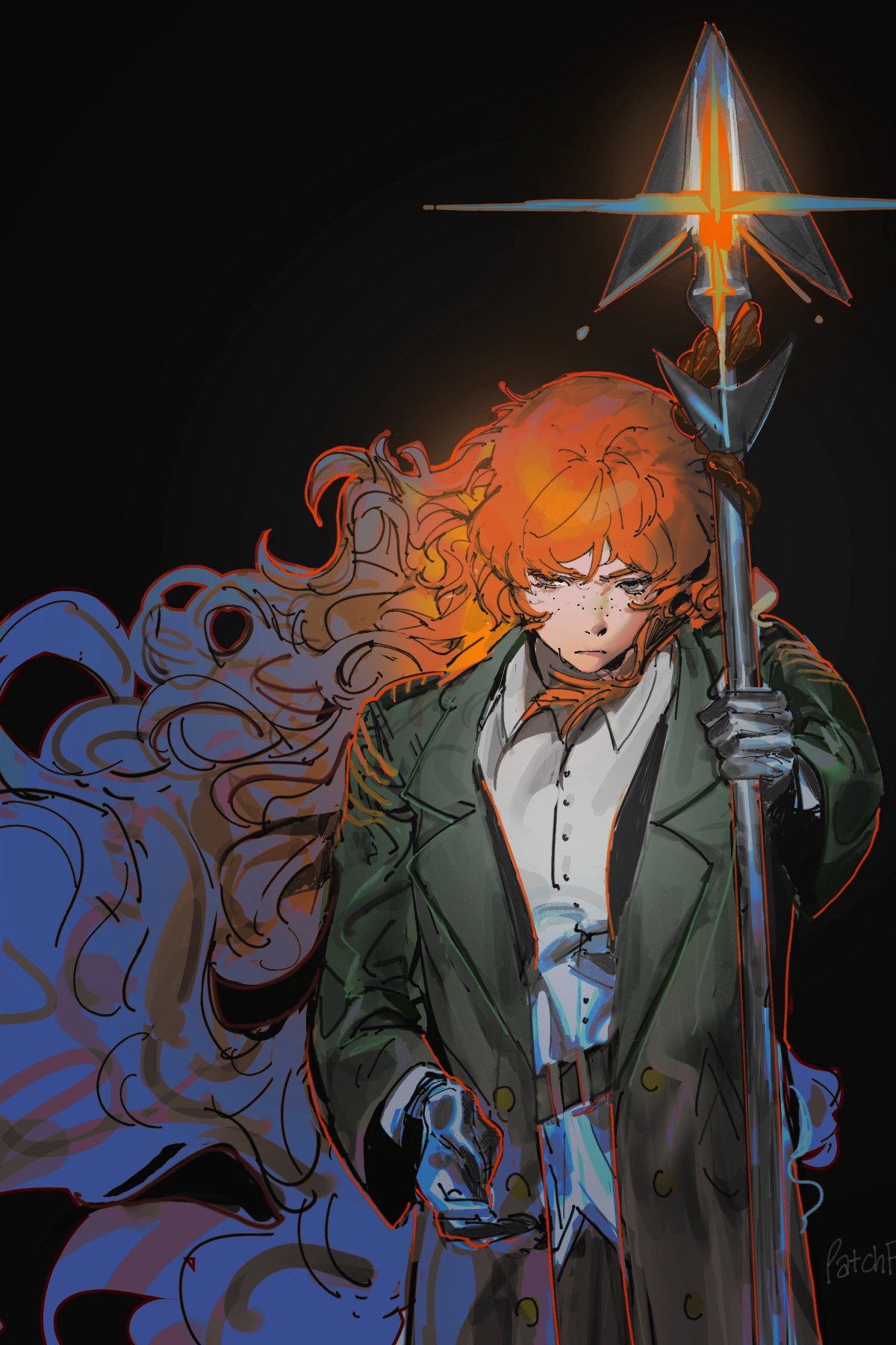 1girl, belt, black_background, black_coat, buttons, closed_mouth, coat, collared_shirt