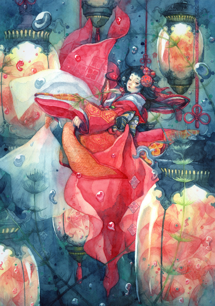fish, hexagon, highres, japanese_clothes, jar, kimono, obi, original