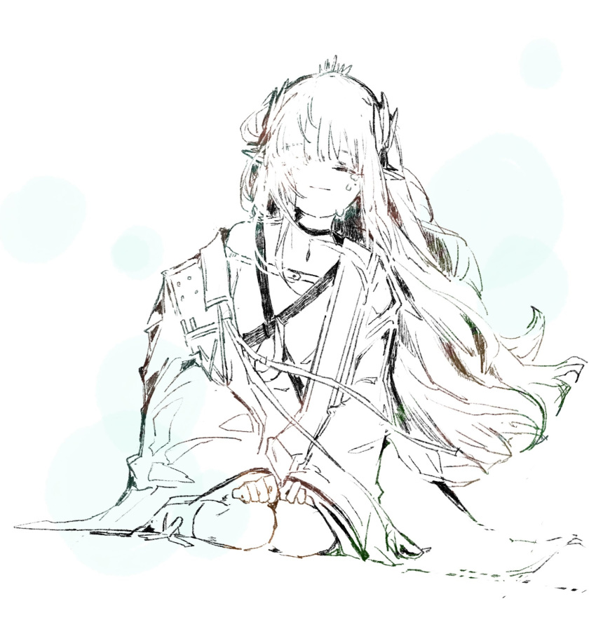 1girl, arknights, choker, closed_eyes, coat, commentary_request, elf, floating_hair