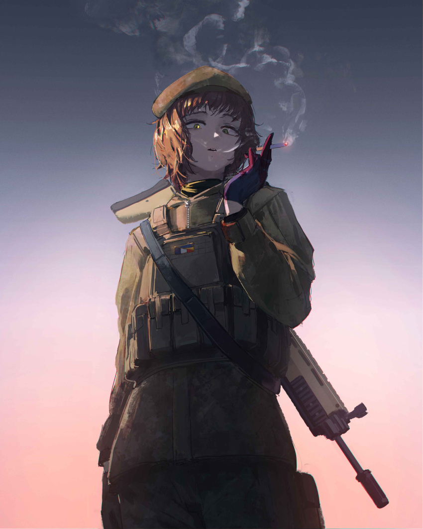 1girl, absurdres, bad_link, battle_rifle, beret, black_gloves, black_scarf, brown_hair, bulletproof_vest, camouflage, cigarette, cowboy_shot, digital_camouflage, flag_patch, fn_scar_17, french_flag, gandy_(gan3e46), gloves, gradient_background, green_eyes, grey_background, gun, hat, highres, holding, holding_cigarette, looking_at_viewer, medium_hair, military_combat_uniform, military_uniform, natalie_(qvit11), original, parted_lips, patch, red_background, rifle, scarf, smoke, smoke_trail, soldier, solo, ukrainian_flag, weapon, weapon_on_back