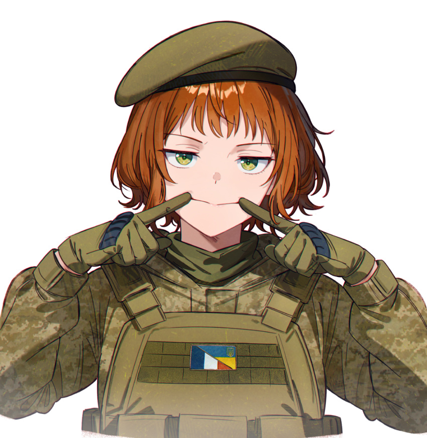 1girl, bad_link, beret, bulletproof_vest, camouflage, camouflage_jacket, digital_camouflage, forced_smile