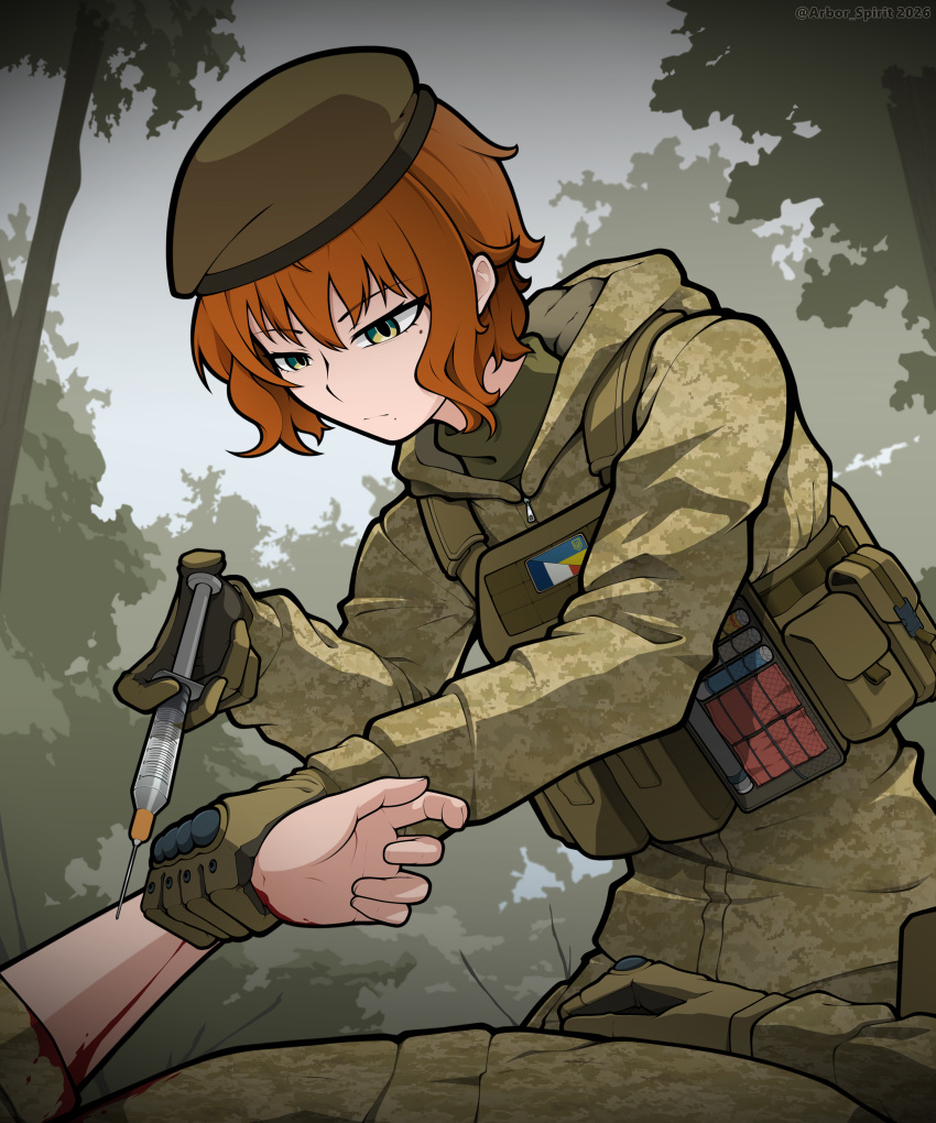 1boy, 1girl, absurdres, arbor_spirit, bad_link, beret, blood, body_armor