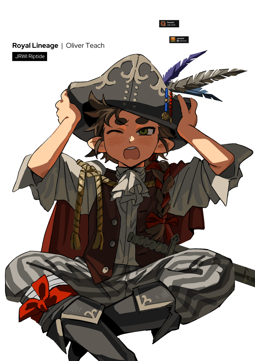 1boy, absurdres, ascot, black_boots, black_hat, boots, braid, brown_hair