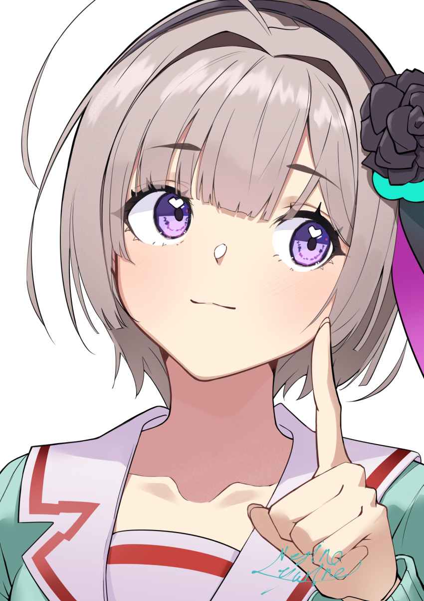 1girl, absurdres, ahoge, aqua_cardigan, black_flower, black_hairband, blunt_bangs, blush