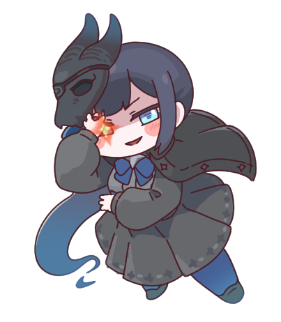 1girl, :d, arm_up, black_dress, black_hair, black_shoes, blue_bow, blue_eyes