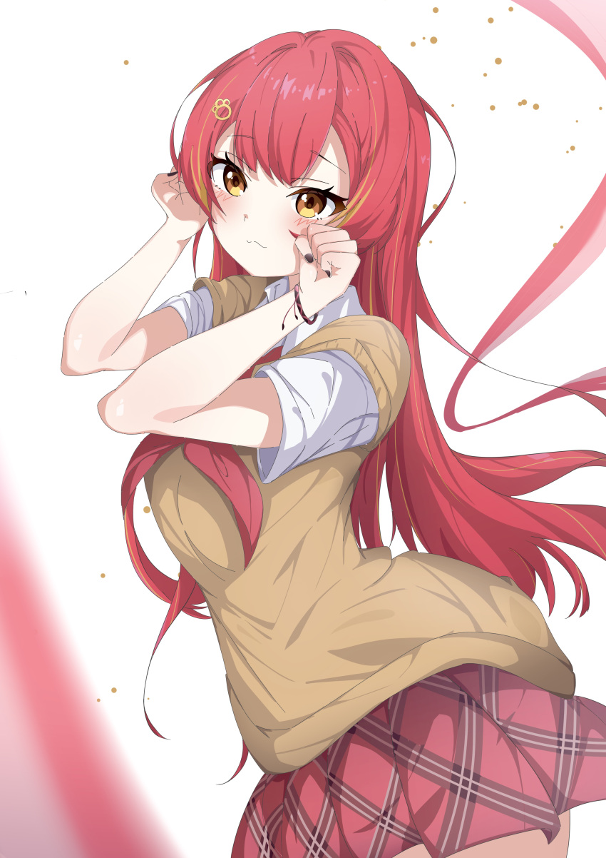 1girl, :3, absurdres, black_nails, blush, bracelet, brown_sweater, closed_mouth