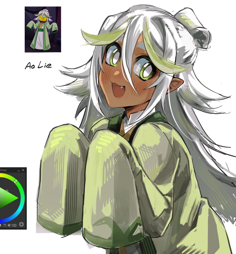 1boy, :3, :d, androgynous, animification, ao_lie_(monkie_kid), arms_up, art_program_in_frame, blush, bright_pupils, character_name, chinese_clothes, commentary, dark-skinned_male, dark_skin, english_commentary, fang, green_eyes, green_streaks, hair_bun, hair_flaps, long_hair, male_focus, monkie_kid, multicolored_hair, pointy_ears, reference_inset, screenshot_inset, shanuraru, single_hair_bun, sleeves_past_wrists, smile, solo, streaked_hair, trap, upper_body, very_long_hair, white_hair, white_pupils