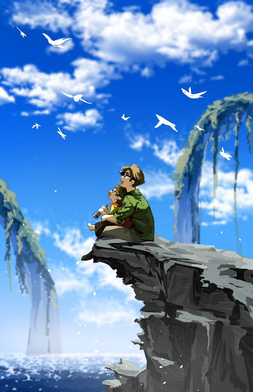 1boy, 1girl, :d, absurdres, adoptive_parent_and_adoptive_child, animification, barefoot, bird, black_shoes, black_skirt, blue_sky, blunt_bangs, brown_hair, brown_pants, cape, child, clouds, commentary, english_commentary, family_bonding, father_and_daughter, from_side, gingham_shirt, glasses, green_shirt, highres, juanaflippa, long_hair, long_skirt, looking_up, minecraft_youtube, nature, outdoors, pants, personification, pointy_ears, profile, quackity_smp, red_cape, rock, scenery, shanuraru, shirt, shoes, short_hair, short_sleeves, sitting, sitting_on_lap, sitting_on_person, skirt, sky, sleeves_rolled_up, slimecicle, smile, water, wide_shot, yellow_shirt
