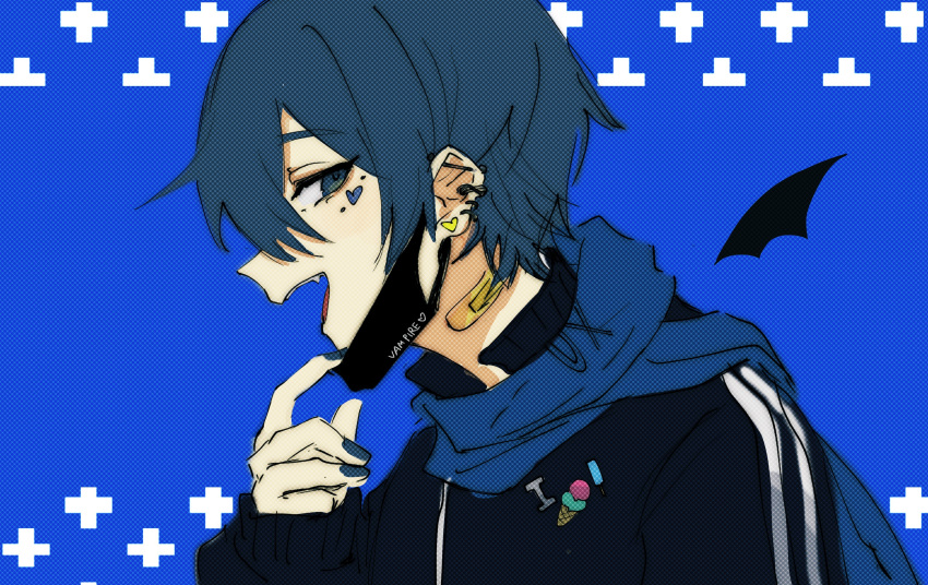 1boy, bandaid, bandaid_on_neck, barbell_piercing, ben-day_dots, black_jacket, black_mask, black_wings, blue_background, blue_eyes, blue_hair, blue_nails, blue_scarf, commentary, demon_wings, detached_wings, ear_piercing, earrings, fangs, from_side, heart, heart_earrings, heart_sticker, highres, industrial_piercing, jacket, jewelry, kaito, kaito_(vocaloid), looking_at_viewer, looking_to_the_side, male_focus, mask, mask_pull, mouth_mask, naomi_(lnnm18786858), patch, piercing, profile, scarf, screentones, short_hair, simple_background, solo, sticker, sticker_on_face, stud_earrings, track_jacket, vampire, vampire_(vocaloid), vocaloid, wings