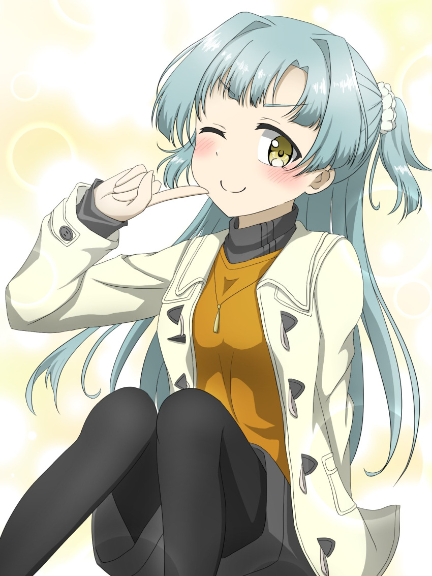 1girl, ;), akagi_yutaka, black_pantyhose, black_shorts, blue_hair, blush, coat