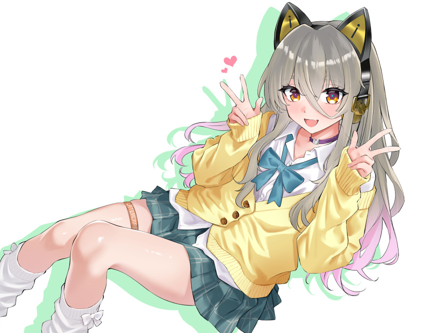 1girl, amuzaki_romu, animal_ear_headphones, animal_ears, aqua_bow, aqua_bowtie, aqua_skirt, bow