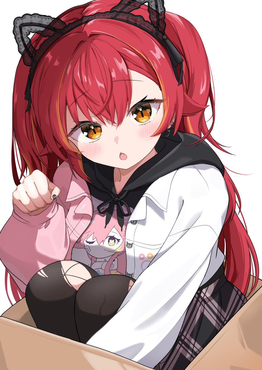 1girl, absurdres, animal_ears, asymmetrical_bangs, black_hoodie, black_skirt, black_thighhighs, blush