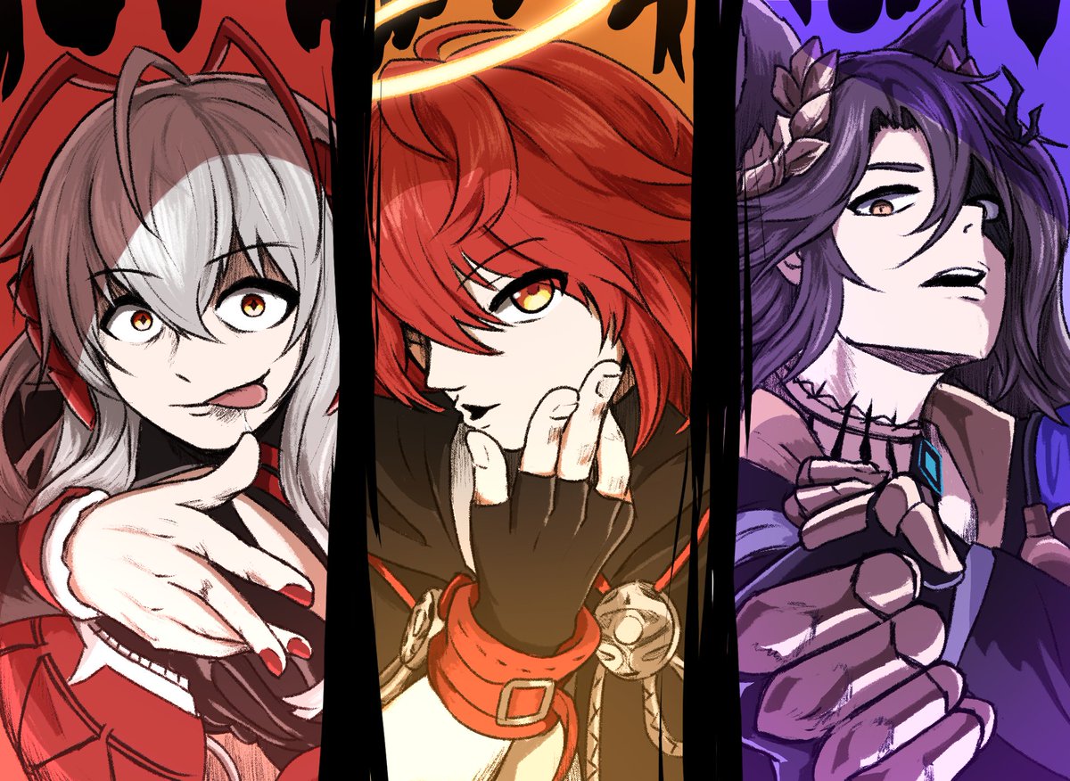 120_of_their_potential_(meme), 1boy, 2girls, antenna_hair, arknights, black_gloves, black_hair, black_jacket