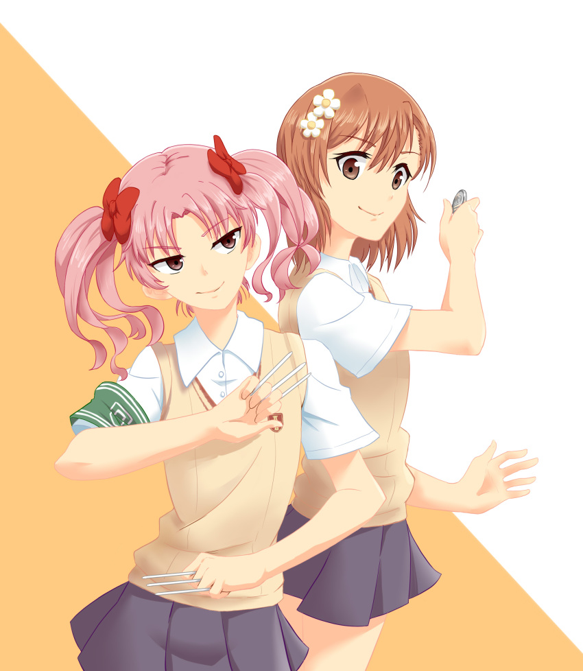 2girls, alternate_hair_color, armband, back-to-back, bare_arms, between_fingers, bow, brown_eyes