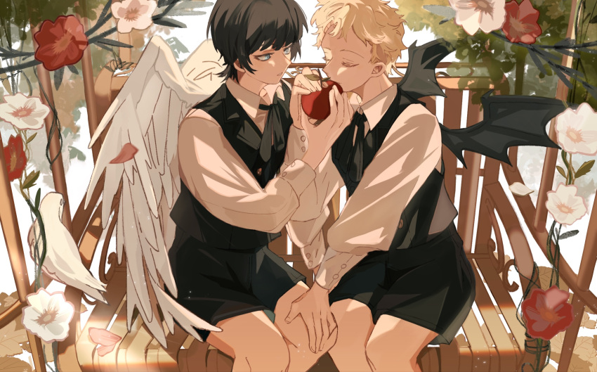 2boys, angel_wings, apple, black_hair, black_shorts, black_vest, black_wings, blonde_hair, blue_eyes, closed_eyes, collared_shirt, colored_eyelashes, commentary, cowboy_shot, curly_hair, demon_wings, ellenn777, feathered_wings, flower, food, fruit, hand_on_another's_knee, highres, holding, holding_food, holding_fruit, leaf, long_sleeves, male_focus, multiple_boys, on_bench, outdoors, parted_lips, plant, red_flower, shirt, short_hair, shorts, sitting, sophie_anderson, trump_(series), ul_delico, untranslatable_commentary, vest, vines, white_flower, white_shirt, white_wings, wings