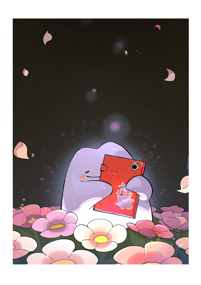 absurdres, blush_stickers, border, closed_eyes, closed_mouth, ditto, falling_petals, flower