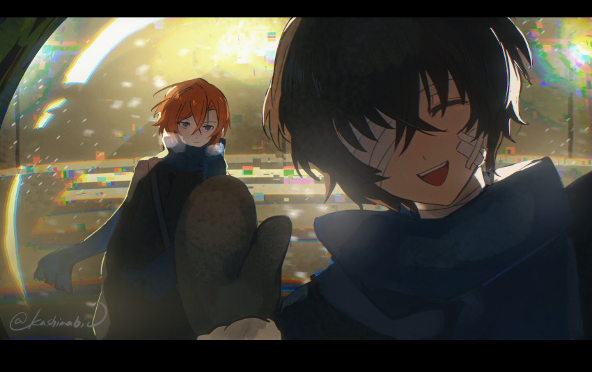2boys, :d, ^_^, absurdres, aged_down, artist_name, bandage_over_one_eye, bandaged_neck