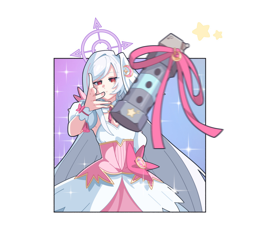 1girl, absurdres, blue_archive, blue_background, border, commentary_request, corset, crescent