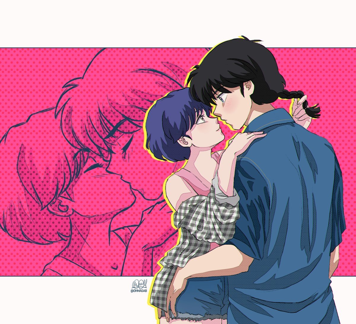 1boy, 1girl, black_hair, blue_eyes, blue_hair, braid, closed_eyes, commentary, english_commentary, hand_in_another's_hair, hand_on_another's_shoulder, hetero, kiss, ohmagaby, pink_background, ranma_1/2, saotome_ranma, short_hair, single_braid, smile, tendou_akane