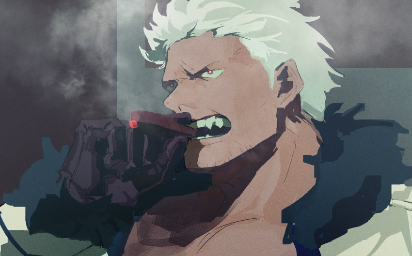1boy, a_ddove, arm_up, black_gloves, cigar, commentary, gloves, jacket
