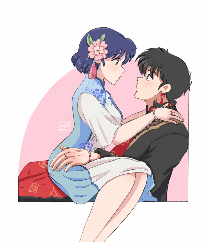 1boy, 1girl, black_hair, blue_eyes, blue_hair, braid, brown_eyes, chinese_clothes