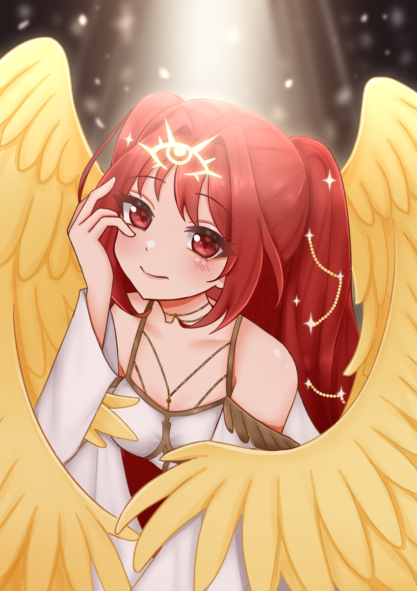 1girl, absurdres, angel_wings, bare_shoulders, blush, cherry_blossoms, commentary_request, commission, detached_sleeves, dress, feathered_wings, fiverr_commission, german_commentary, glowing, glowing_symbol, gold_jewelry, hand_up, highres, indie_virtual_youtuber, jewelry, leaning_forward, light_rays, linahirai, long_hair, looking_at_viewer, marryofblood, red_eyes, red_hair, second-party_source, sidelocks, sleeveless, sleeveless_dress, smile, solo, sparkle, sparkling_hair, two_side_up, virtual_youtuber, white_dress, wings