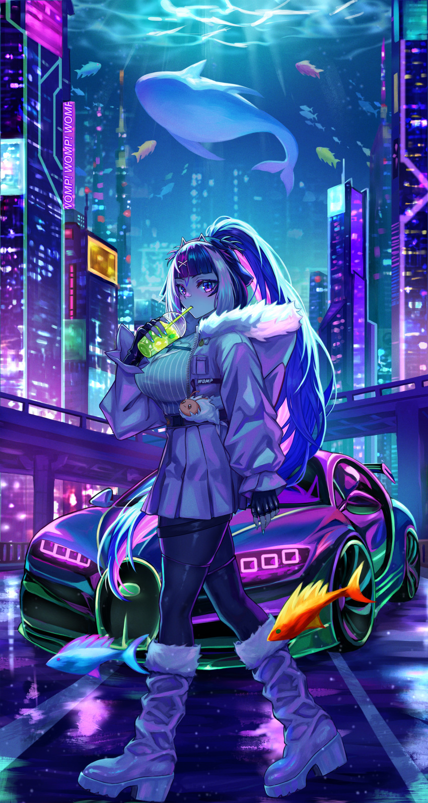 1girl, absurdres, animal_ears, black_gloves, black_hair, black_pantyhose, car, cat_ears, cup, disposable_cup, fingerless_gloves, fish, fur-trimmed_jacket, fur_trim, gloves, highres, holding, holding_cup, indie_virtual_youtuber, jacket, long_hair, looking_at_viewer, motor_vehicle, multicolored_hair, pantyhose, ponytail, shirt, shoes, shylily, shylily_(winter_tactical), skirt, solo, streaked_hair, underwater_city, very_long_hair, violet_eyes, virtual_youtuber, whale, white_shirt, white_shoes, white_skirt, white_streaks, yjyj_2045