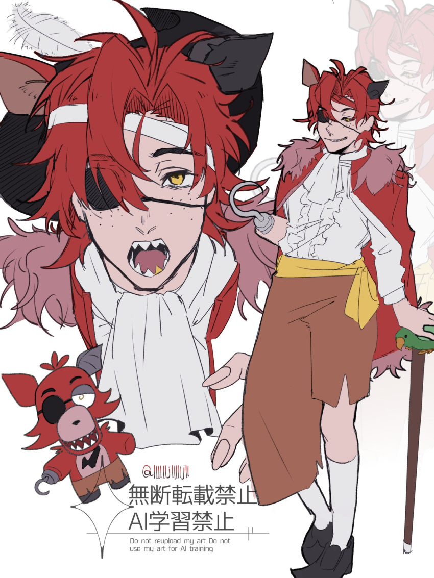 1boy, animal_ears, ascot, bird, black_shoes, cane, cape, center_frills