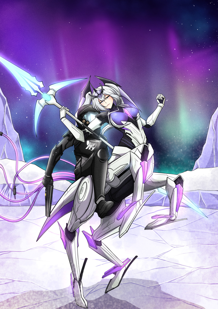 1boy, 1girl, absurdres, armor, artist_collaboration, aurora, black_armor, black_bodysuit, black_gloves, black_shoes, bodysuit, breasts, centaur, closed_mouth, commandant_(pgr), commentary, covered_face, cyborg, english_commentary, forehead_protector, full_body, gloves, grey_eyes, grey_hair, gun, hair_between_eyes, hair_ornament, headgear, helmet, high-heeled_mechanical_legs, highres, holding, holding_gun, holding_polearm, holding_weapon, horseback_riding, ice, joints, long_hair, looking_at_viewer, mecha_musume, mechanical_arms, mechanical_legs, mechanical_tail, medium_breasts, meteorgale, multiple_legs, outdoors, polearm, punishing:_gray_raven, rearing, riding, robot_joints, rosetta:_arete_(pgr), rosetta_(pgr), shadow, shoes, sibiru_laut, sidelocks, standing, tail, taur, twintails, weapon