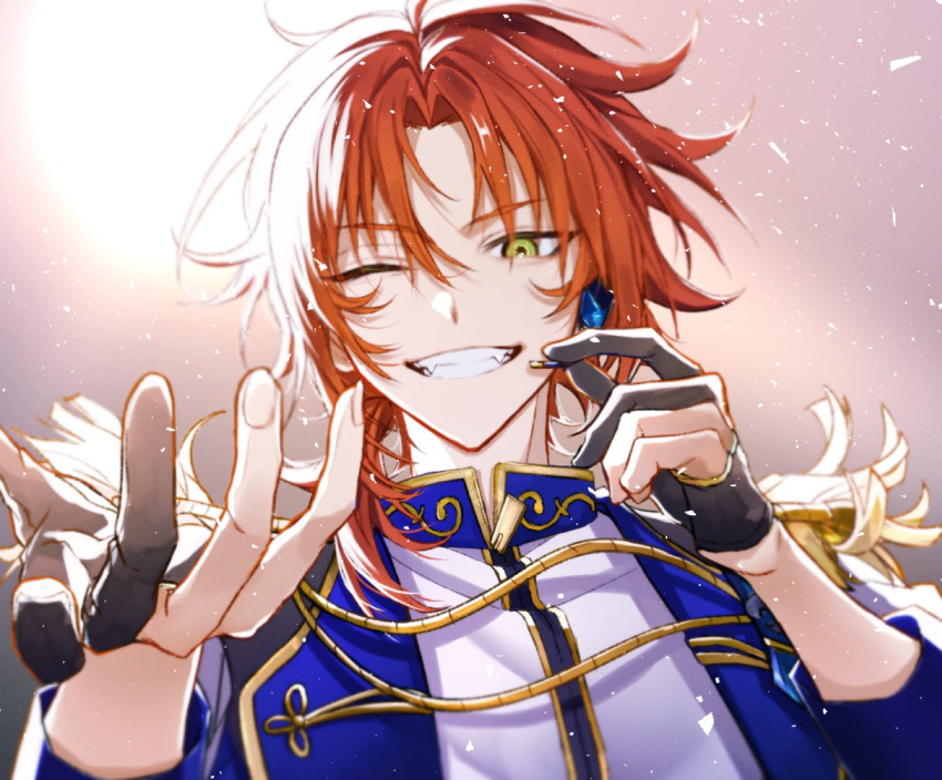 1boy, adjusting_headset, black_gloves, clenched_teeth, curtained_hair, ensemble_stars!, gloves, green_eyes