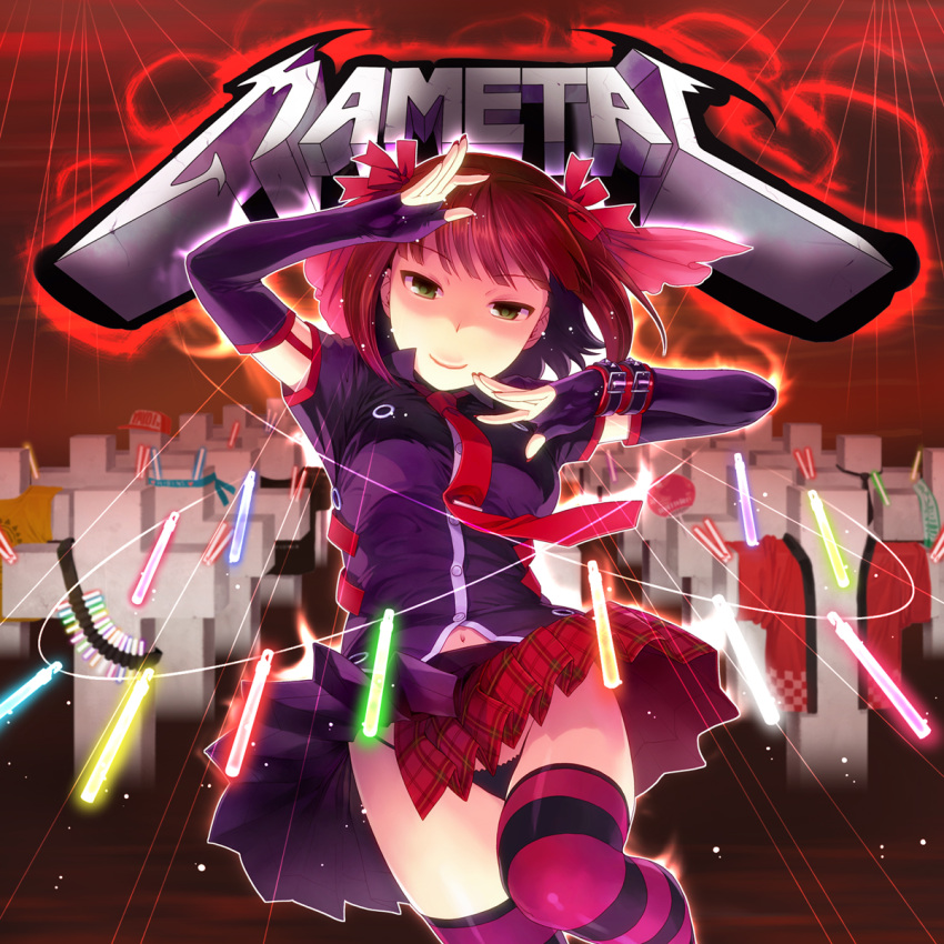 album_cover, amami_haruka, arms_up, black_panties, brown_hair, cover, cross, fingerless_gloves, gloves, glowstick, green_eyes, hair_ribbon, highres, idolmaster, master_of_puppets, metallica, nail_polish, navel, necktie, nekomata_naomi, panties, parody, plaid, plaid_skirt, punkish_gothic, ribbon, short_hair, skirt, smile, solo, striped, striped_legwear, striped_thighhighs, thighhighs, underwear, wind_lift