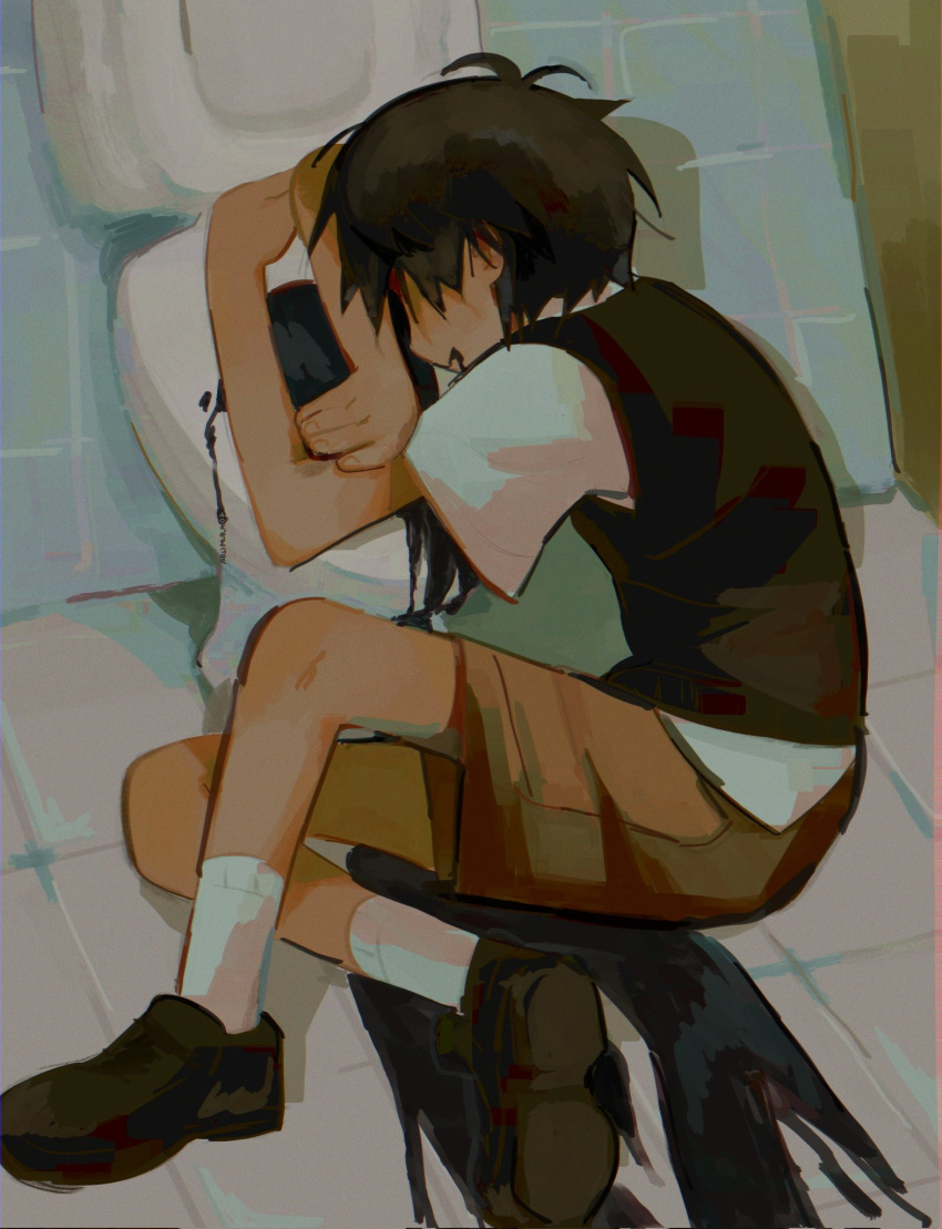 1boy, arum_0m0, bathroom, black_shoes, black_sweater_vest, brown_shorts, collared_shirt, commentary