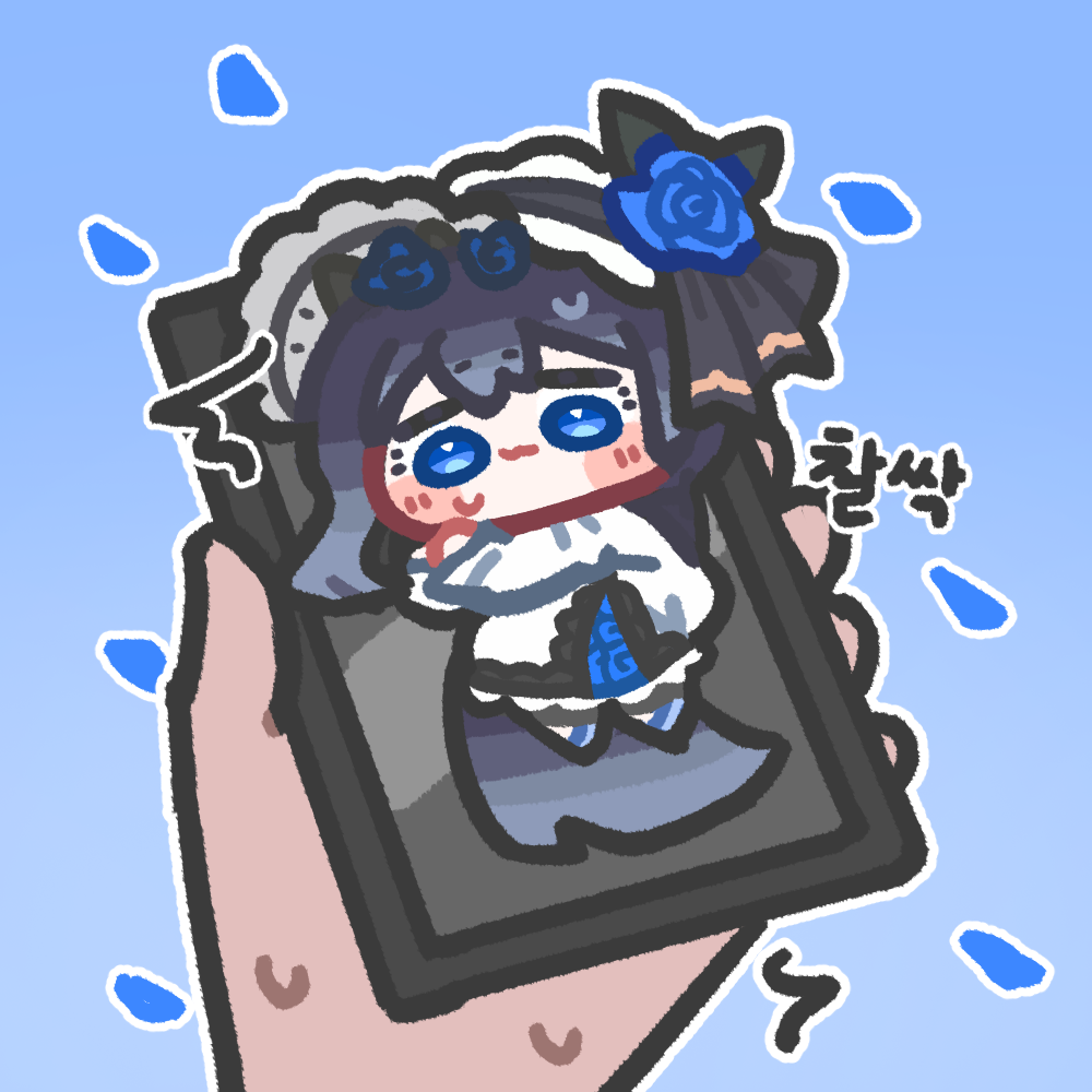 1girl, black_hair, blanchet_(trickcal), blue_background, blue_eyes, blue_flower, blue_rose, blush_stickers