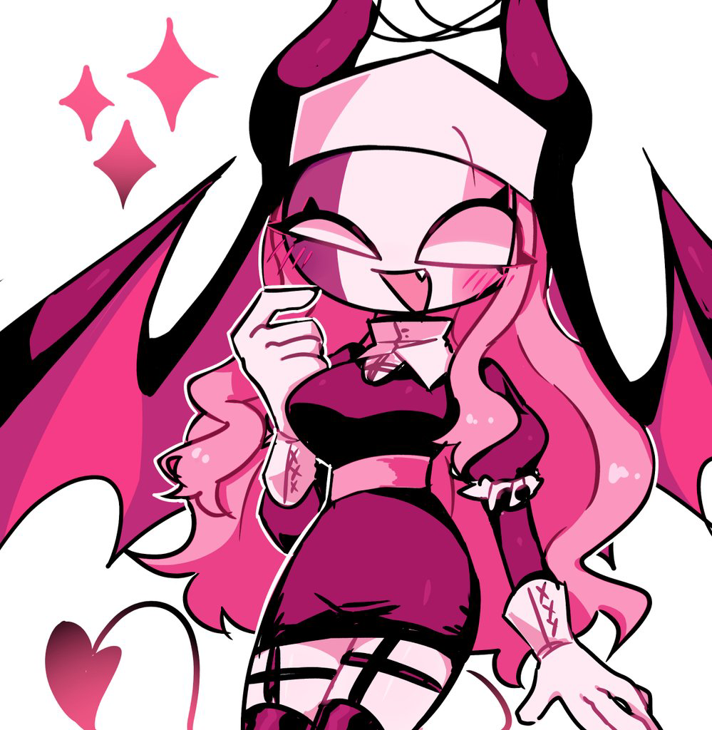 1girl, :d, arm_at_side, belt, black_dress, black_horns, black_wings, blank_eyes, blush, blush_visible_through_hair, breasts, colored_skin, commentary_request, cowboy_shot, cxolzayti1bx36l, deformed, demon_girl, demon_horns, demon_tail, demon_wings, dress, eyes_visible_through_hair, fang, friday_night_funkin', frilled_sleeves, frills, from_below, garter_straps, half-closed_eye, hand_up, horns, large_breasts, long_hair, long_sleeves, looking_at_viewer, no_nose, nun, nun_headdress, open_mouth, outline, pink_belt, pink_hair, pink_skin, pink_tail, pink_wings, puffy_short_sleeves, puffy_sleeves, raised_eyebrow, sarvente_(friday_night_funkin'), short_dress, short_sleeves, sidelocks, simple_background, single_eyebrow, sleeve_cuffs, smile, sparkle, standing, tail, tareme, two-tone_wings, uneven_eyes, wavy_hair, white_background, white_outline, wings