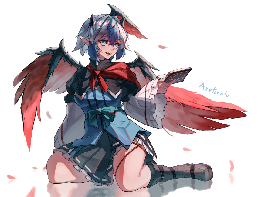 1girl, ametonalu, artist_name, bird_wings, blue_eyes, blue_hair, book, boot_straps