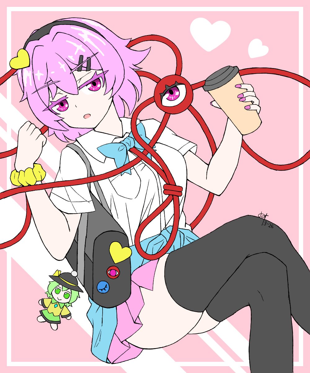 alternate_costume, character_doll, cup, daikoko, doll, fumo_(doll), hair_ornament, heart, heart_hair_ornament, highres, holding, holding_cup, komeiji_satori, nail_polish, pink_background, pink_eyes, pink_hair, third_eye, touhou