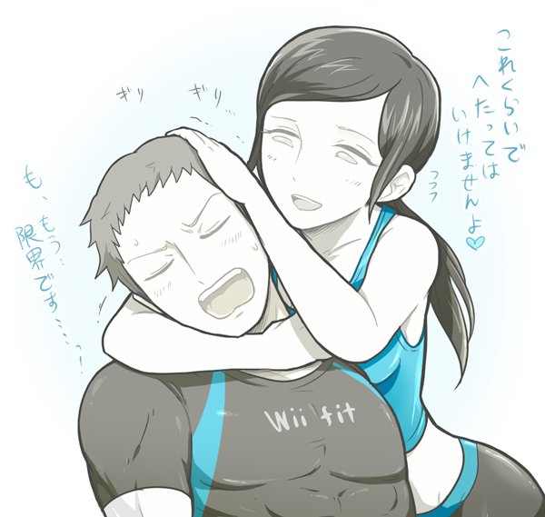 1boy, 1girl, :d, abs, arm_around_neck, asymmetrical_bangs, bare_shoulders, black_hair