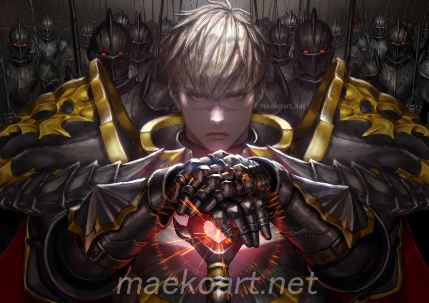 1boy, armor, bernheim_(king's_raid), bevor, breastplate, brown_hair, chainmail, commentary_request