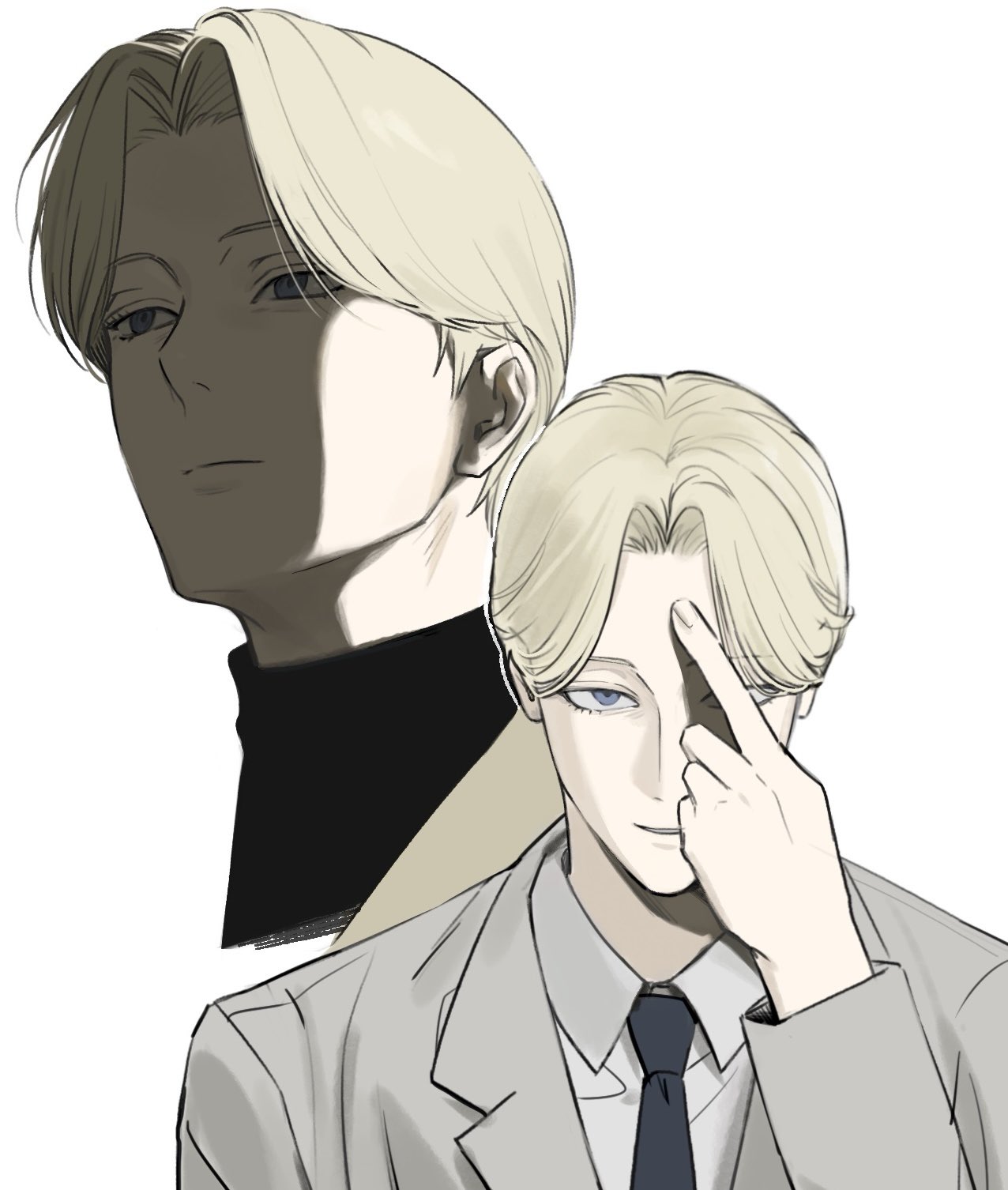 1boy, bangdung, black_necktie, black_shirt, blonde_hair, blue_eyes, collared_shirt, cropped_shoulders