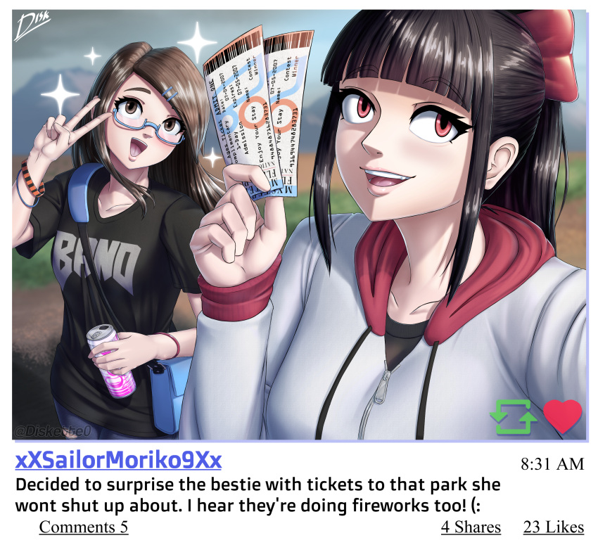2girls, absurdres, bag, black_hair, blue-framed_eyewear, bow, brown_eyes, brown_hair