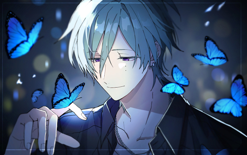 1boy, black_jacket, blue_butterfly, blurry, bokeh, bug, butterfly, butterfly_on_hand