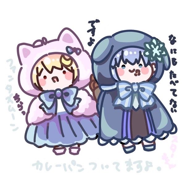 2girls, :d, animal_ears, animal_hood, arcueid_brunestud, aya_kumokumo, black_dress, blonde_hair