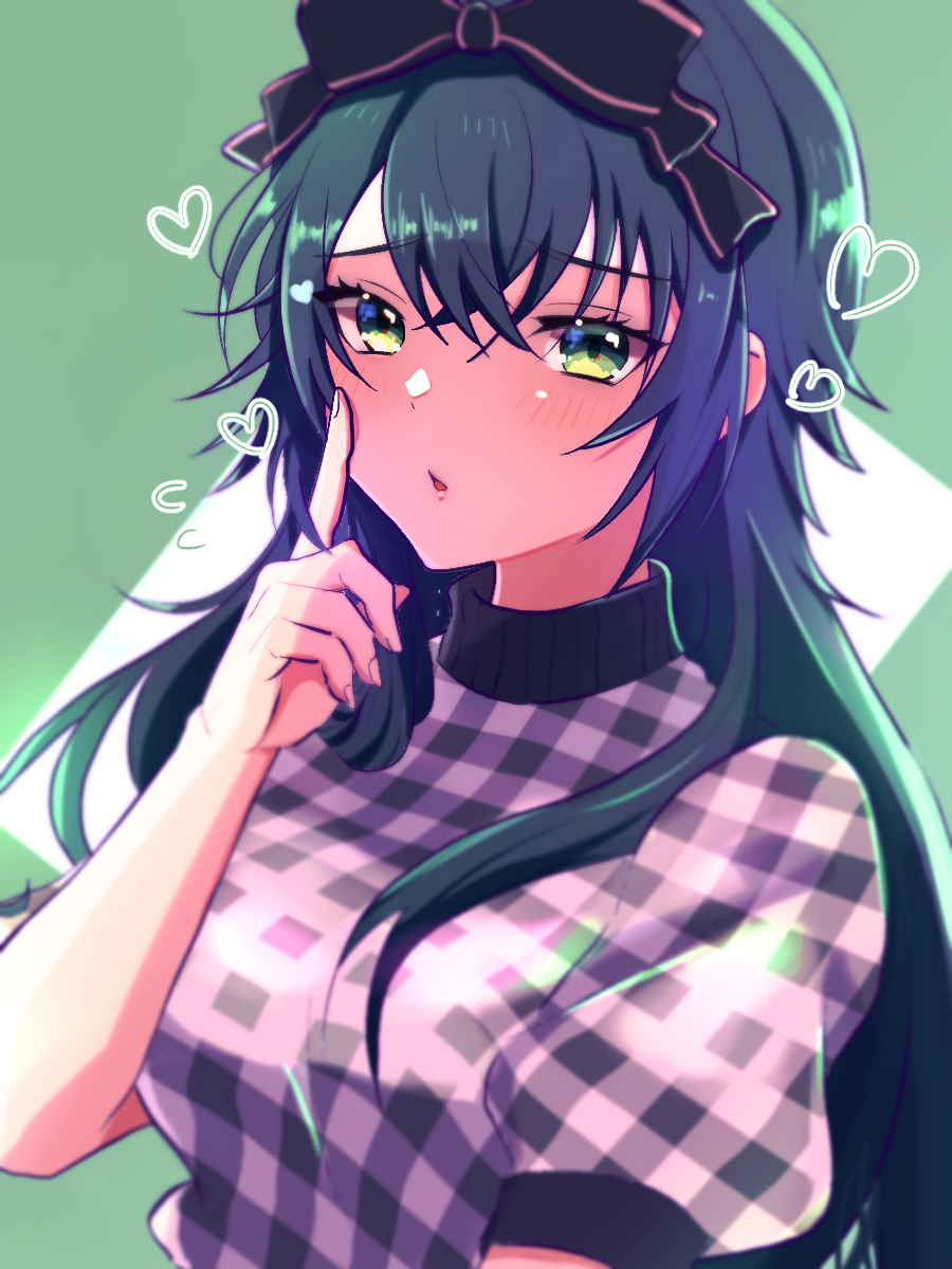 1girl, :o, black_bow, blush, bow, commentary_request, emika44kiyo, finger_to_cheek